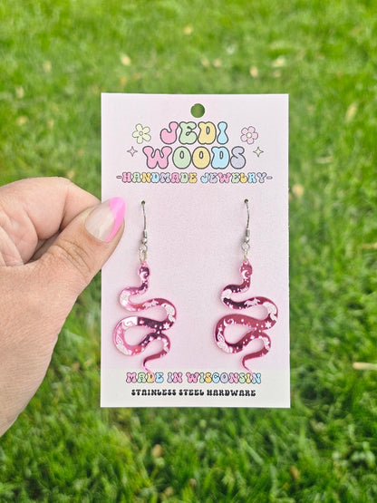Pink Mirror Snake Earrings