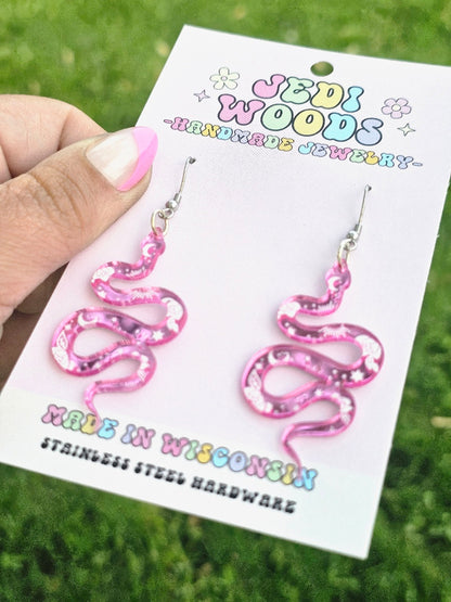 Pink Mirror Snake Earrings