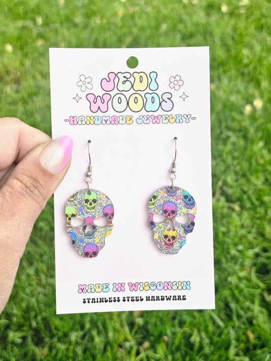 Rainbow Glitter Skull Earrings