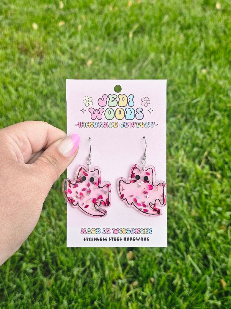 Pink Glitter Flake Ghost Cat Earrings