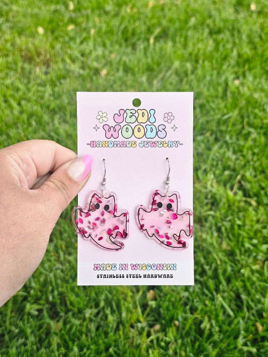 Pink Glitter Flake Ghost Cat Earrings