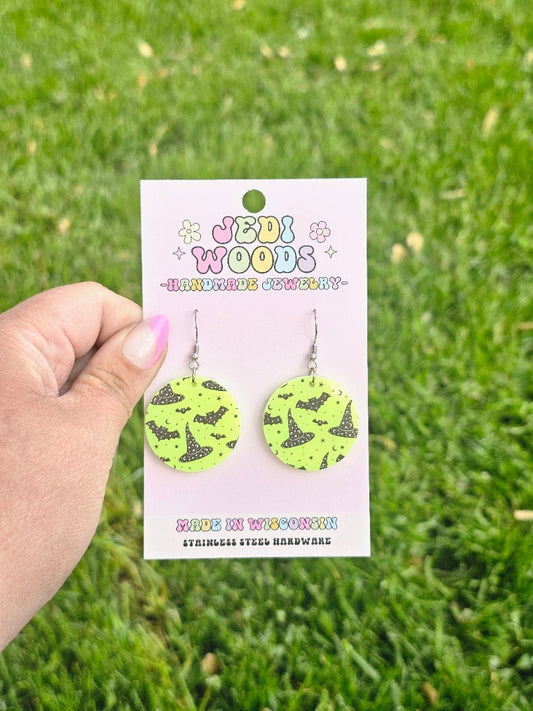 Electric Green Witch Hats and Bats Earrings