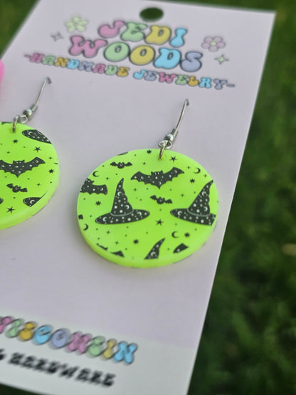 Electric Green Witch Hats and Bats Earrings