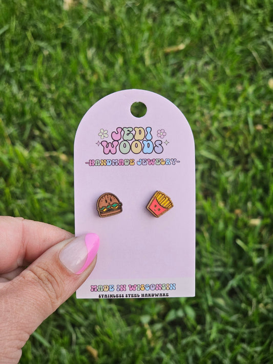 Wooden Burger and Fries Handpainted Stud Earrings