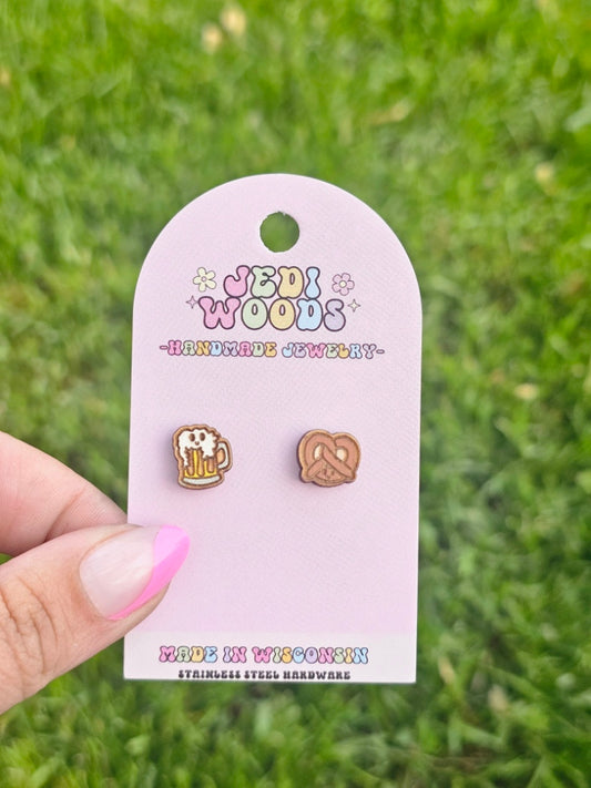 Beer and Pretzel Wooden Stud Earrings