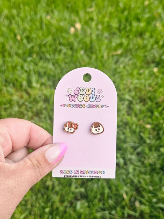 Sushi and Rice Wooden Stud Earrings