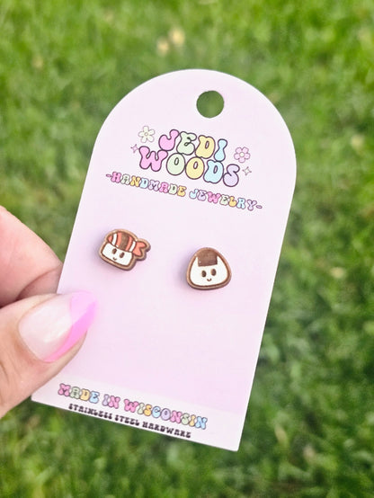 Sushi and Rice Wooden Stud Earrings