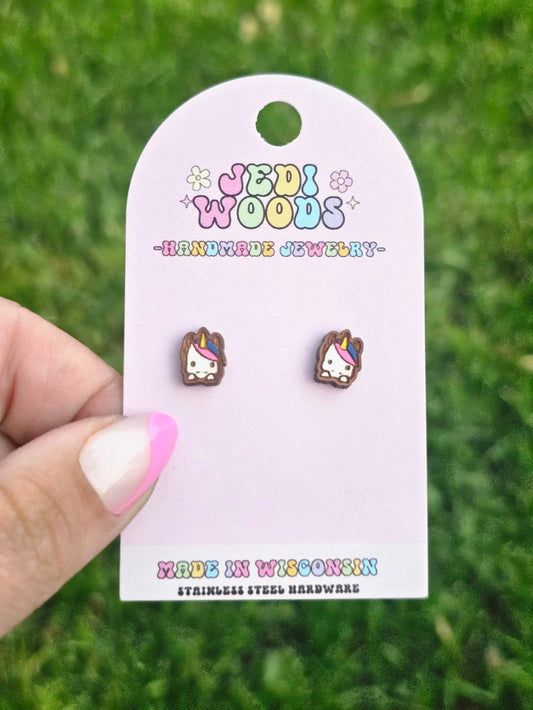 Wooden Unicorn Stud Earrings