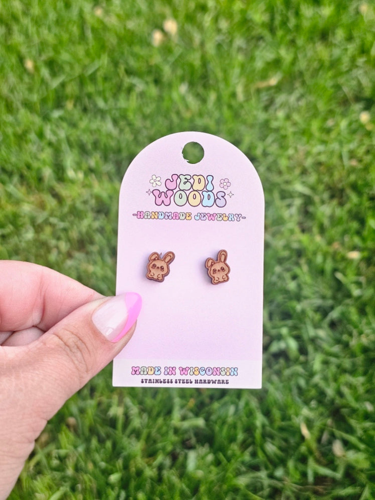 Wooden Kawaii Bunny Studs