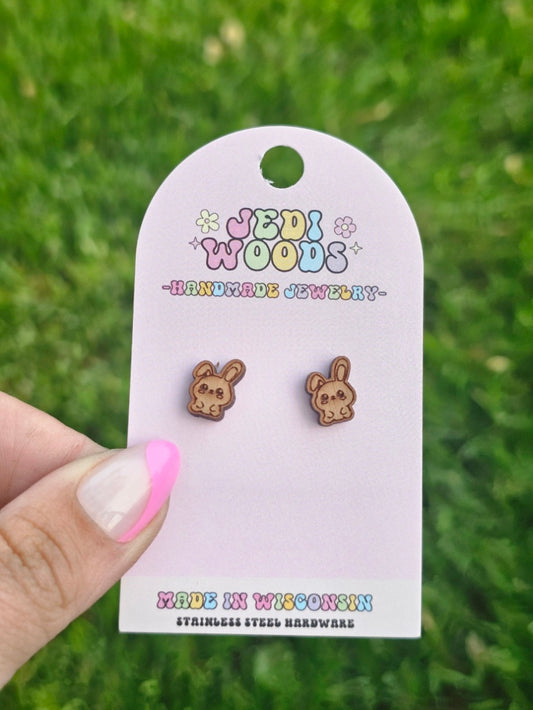 Wooden Kawaii Bunny Studs