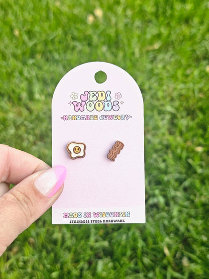 Bacon and Egg Wooden Handpainted Stud Earrings
