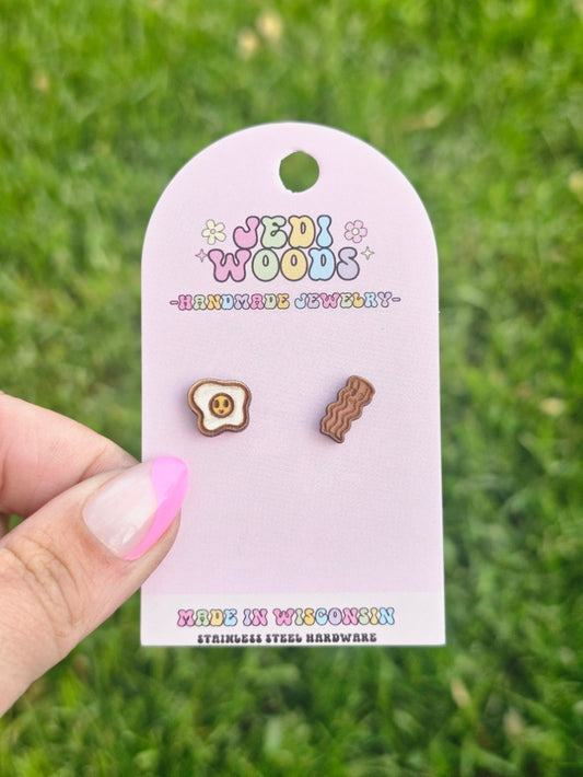 Bacon and Egg Wooden Handpainted Stud Earrings