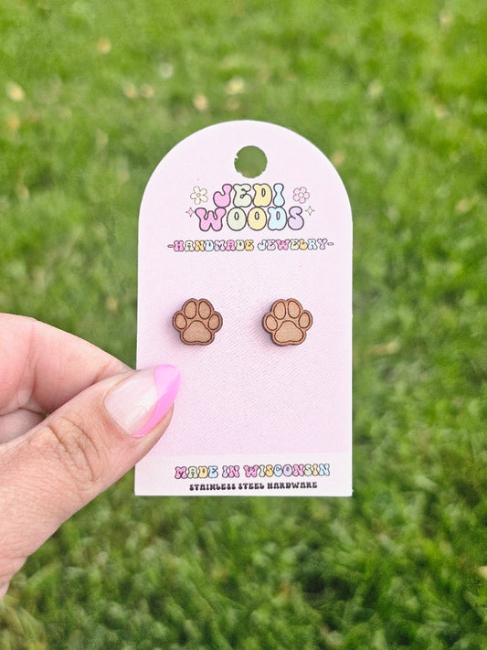 Wooden Paw Print Studs