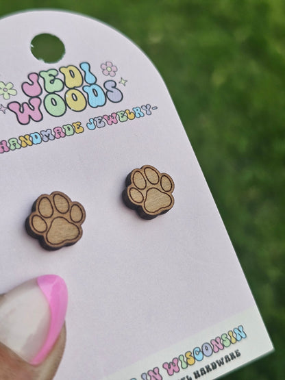 Wooden Paw Print Studs