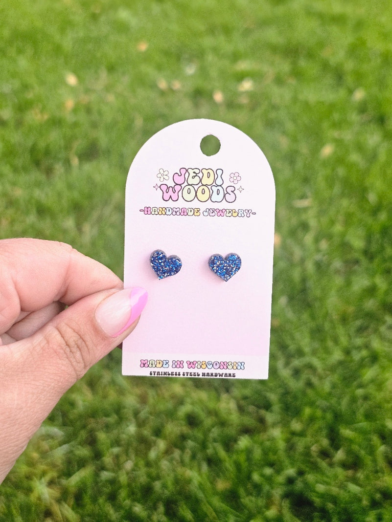 Blue Glitter Heart Studs
