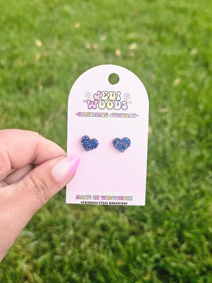 Blue Glitter Heart Studs