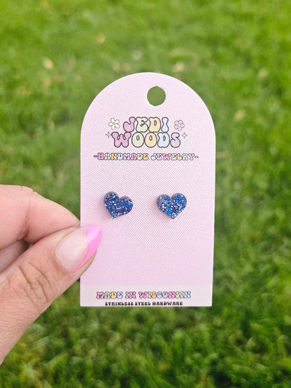 Blue Glitter Heart Studs
