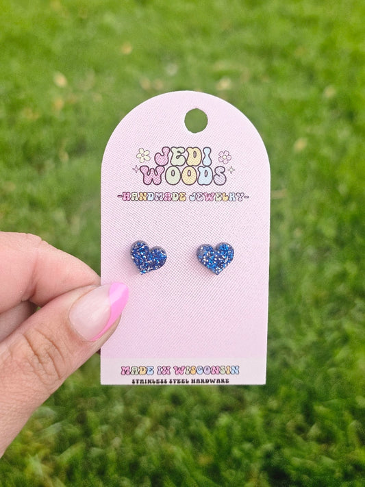 Blue Glitter Heart Studs