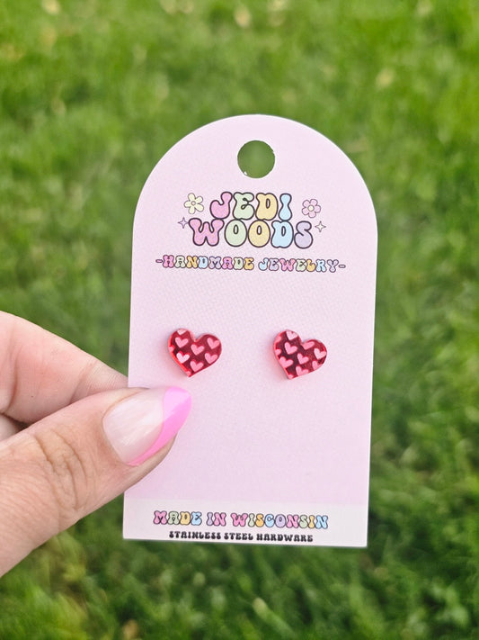 Pink Mirror Valentines Day Heart Studs