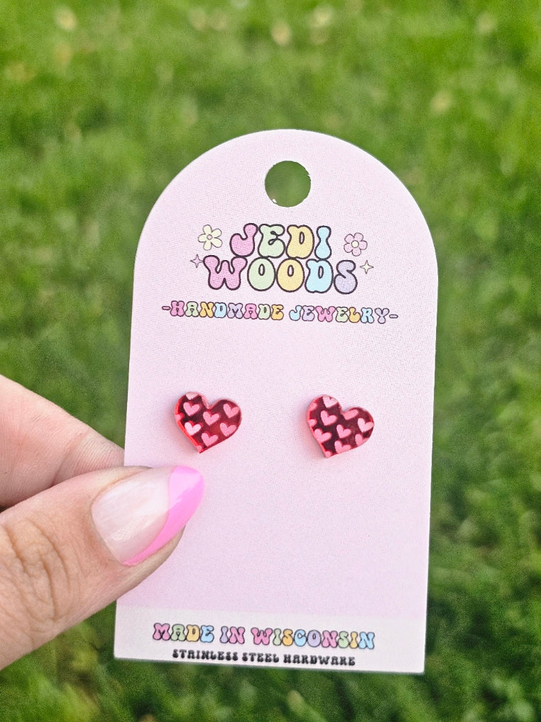 Pink Mirror Valentines Day Heart Studs