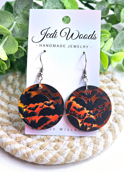 Orange Mirror Bat Medallion Earrings