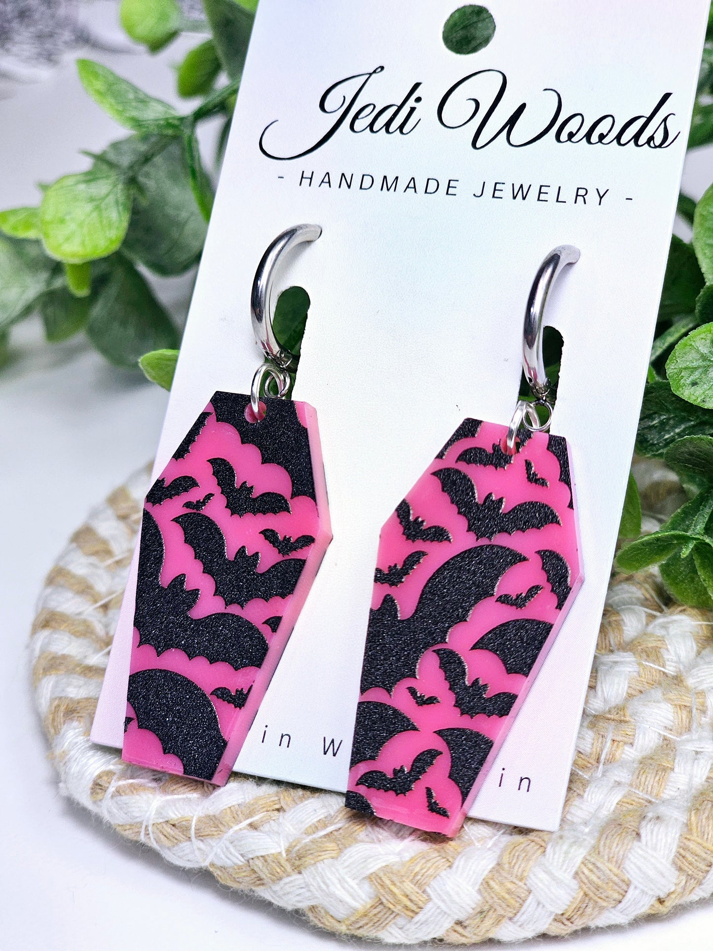 Pink Bat Coffin Earrings