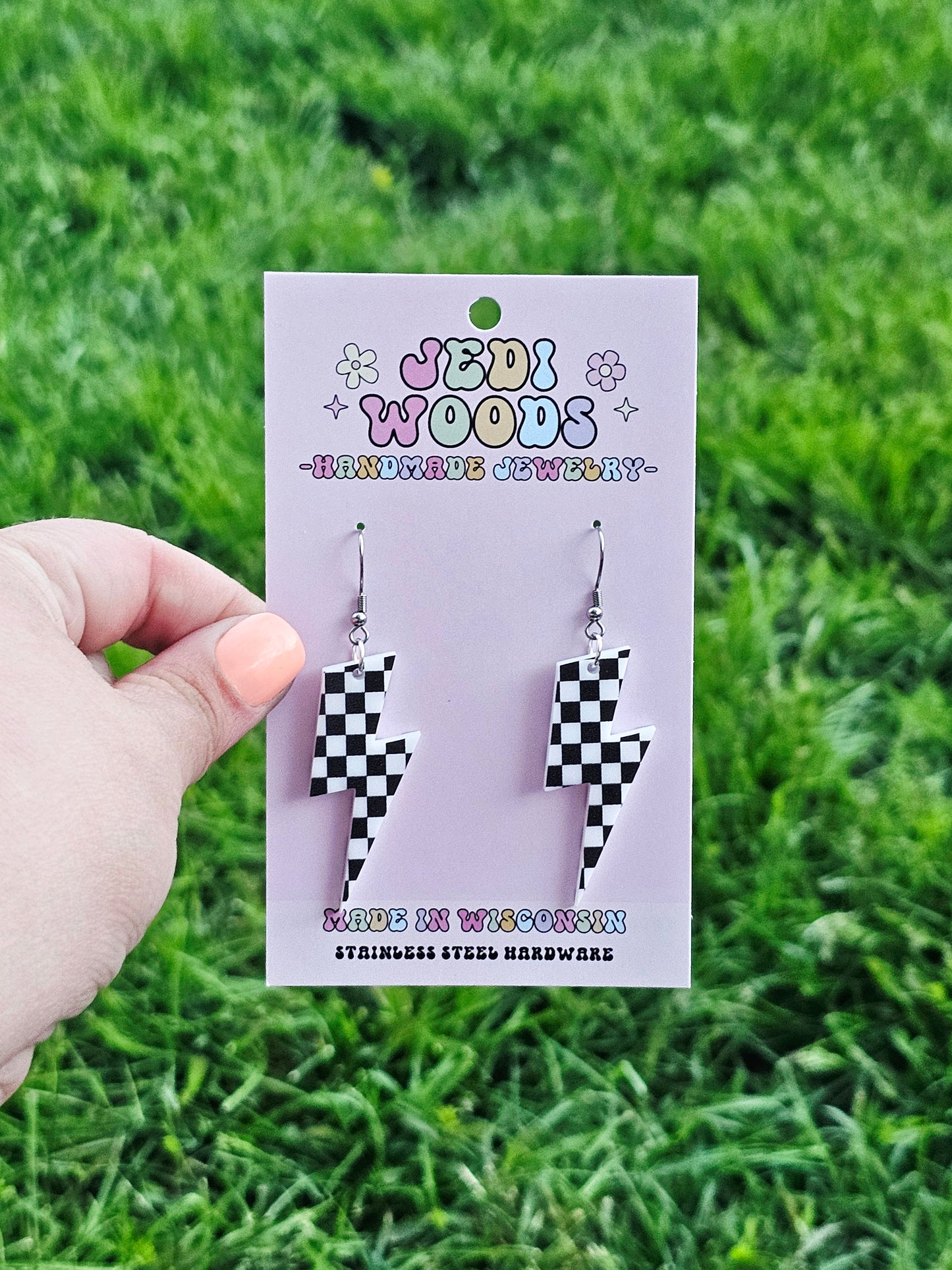 Checkered Flag Lightening Bolt Earring Dangles