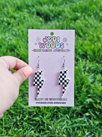 Checkered Flag Lightening Bolt Earring Dangles