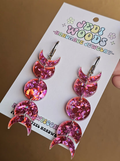 Pink Crackle Glass Moon Phase Earrings