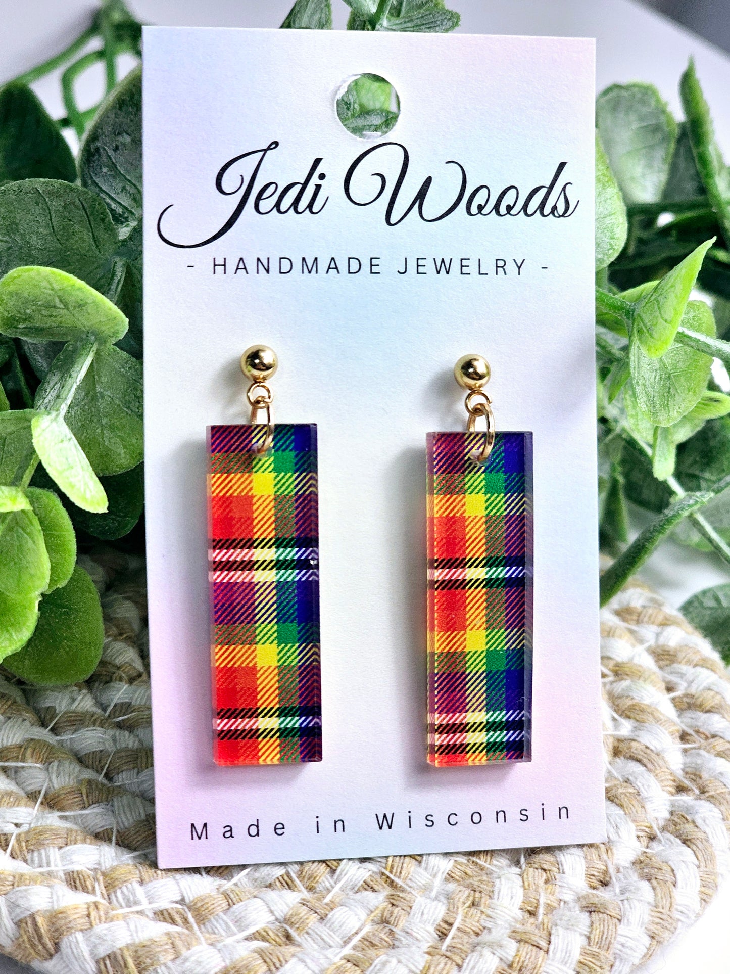 Rainbow Plaid Bar Dangles