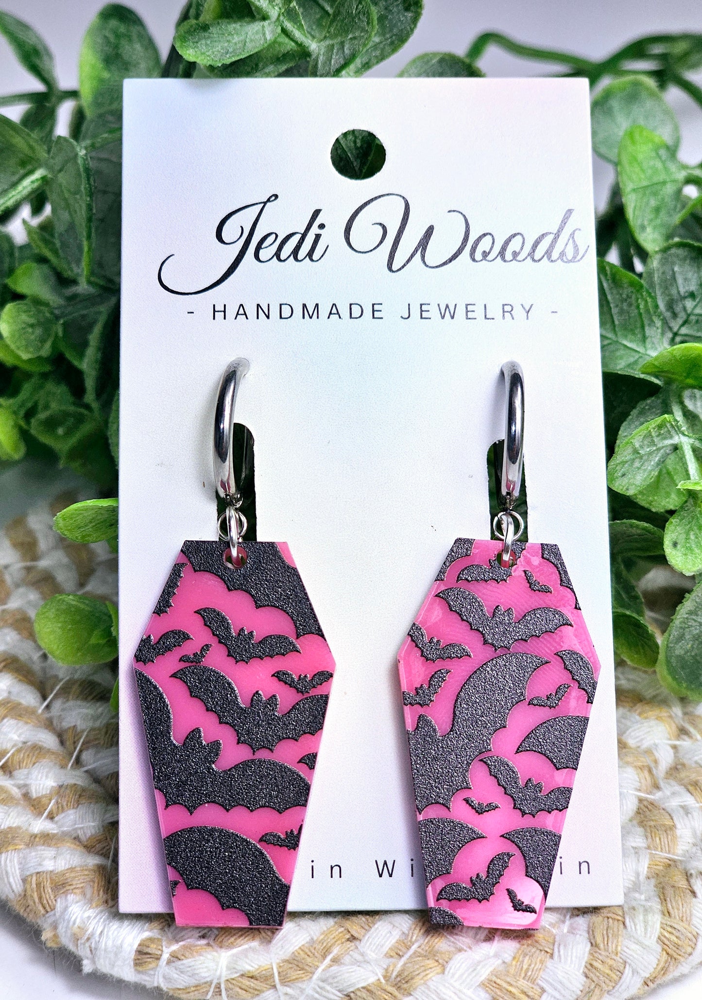 Pink Bat Coffin Earrings