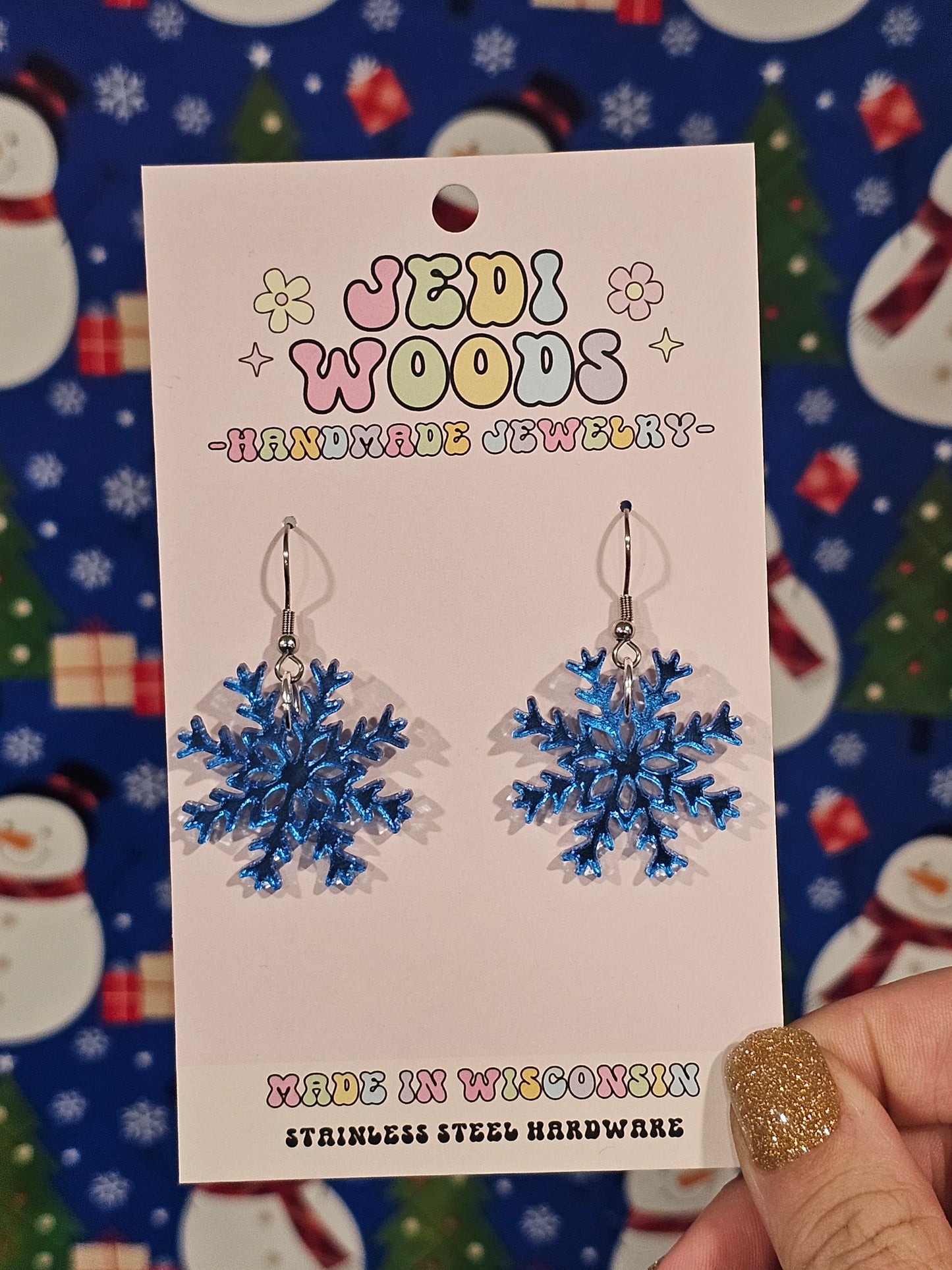 Blue Mirror Snowflake Dangles