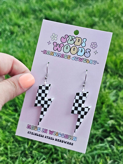 Checkered Flag Lightening Bolt Earring Dangles