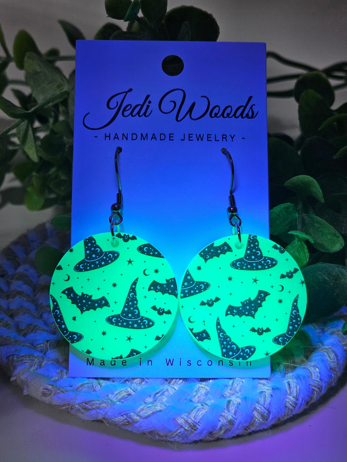 Electric Green Witch Hats and Bats Earrings