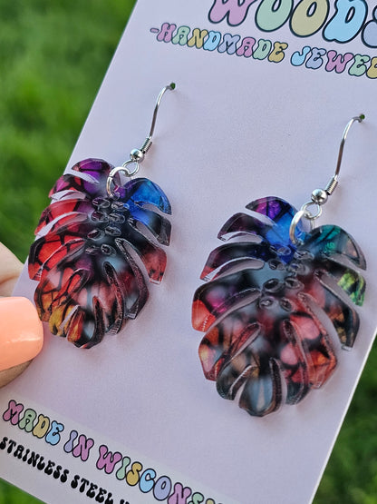 Stained Glass Rainbow Monstera Dangles
