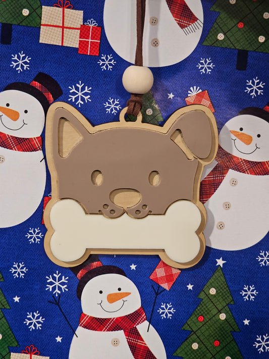 Dog and Bone - Acrylic and Wood Ornament - Add your own name with sharpie!