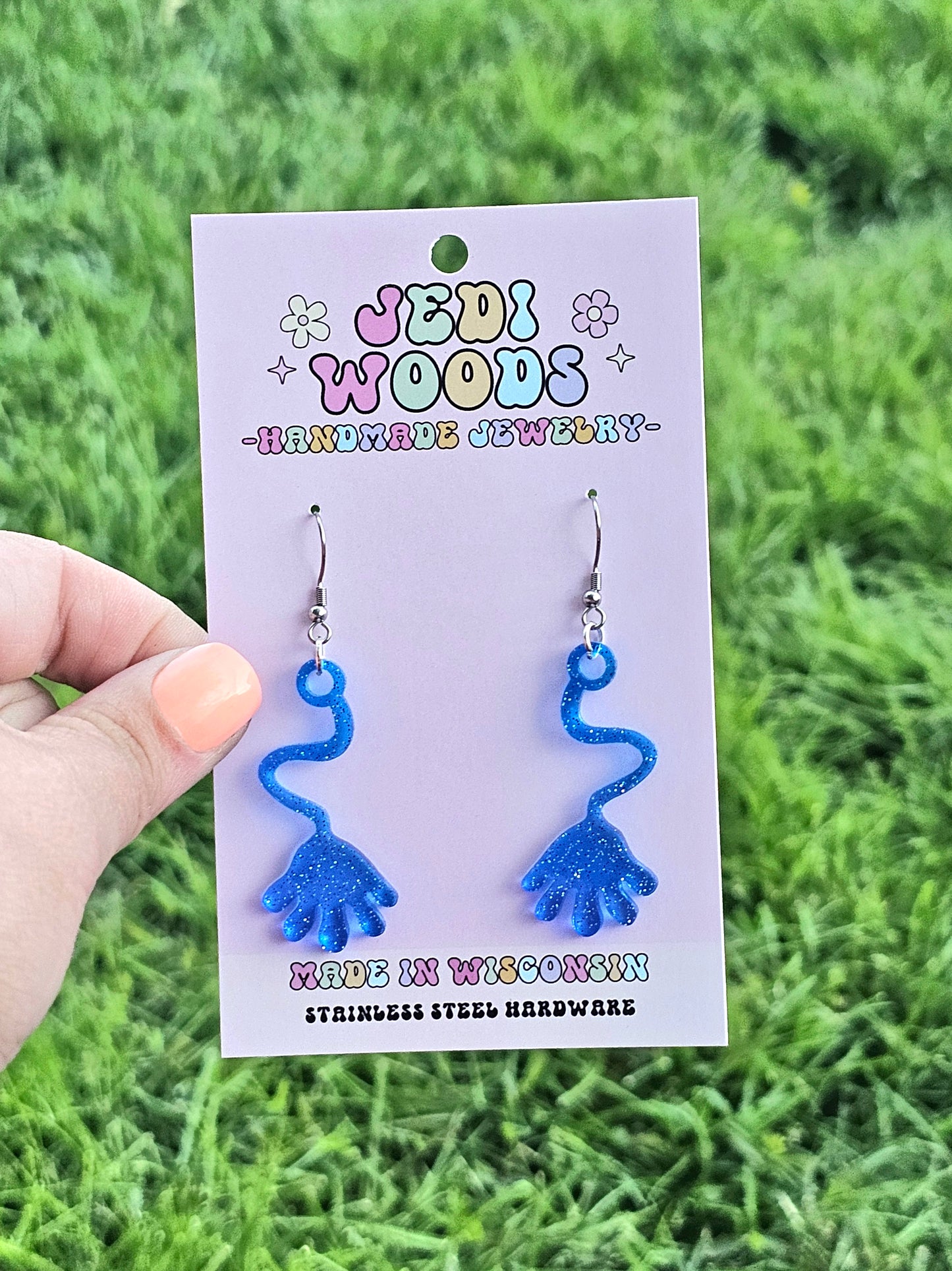 Blue Retro Slappy Hand Earrings