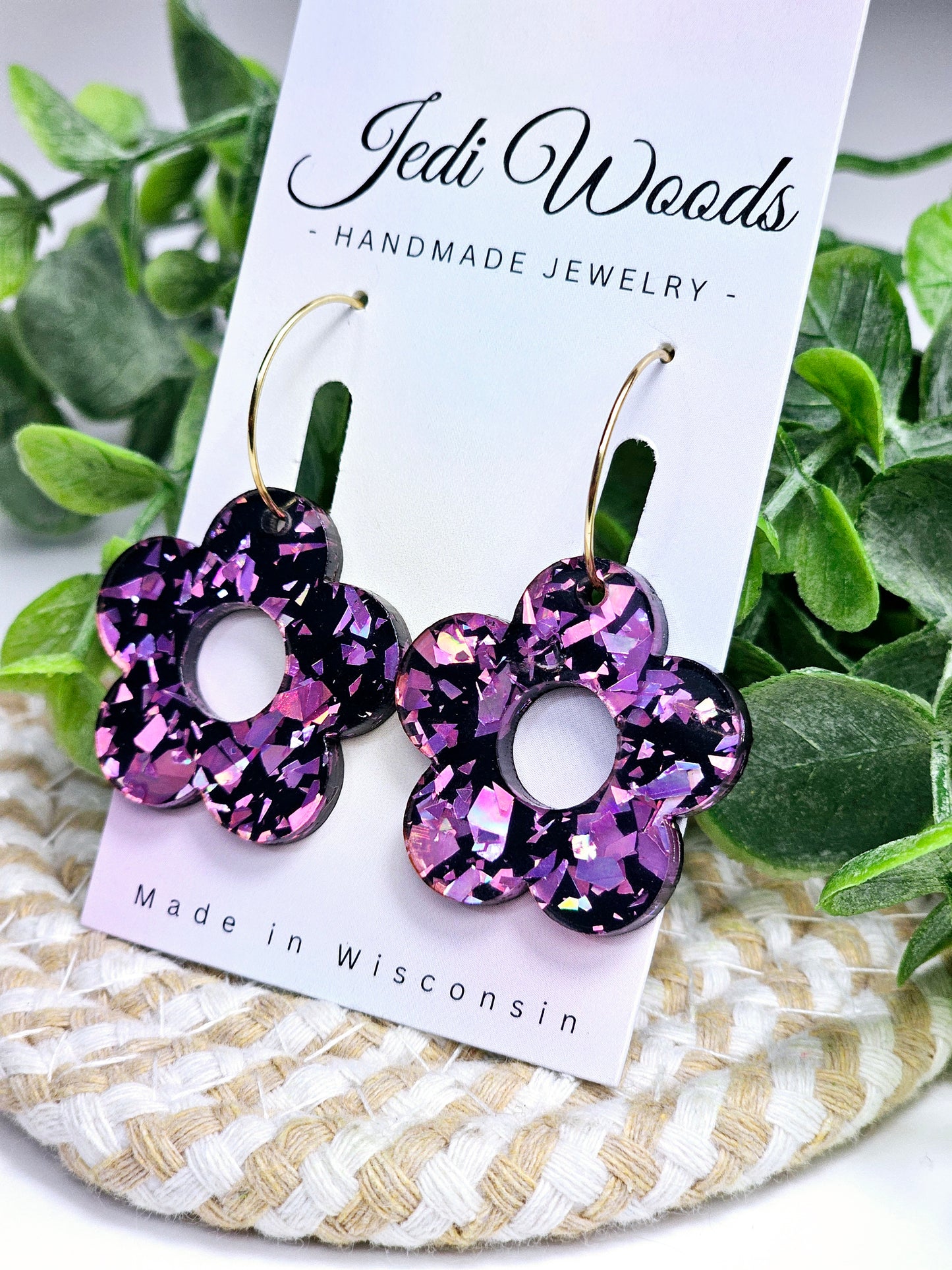 Pink and Black Glitter Flake Floral Earrings