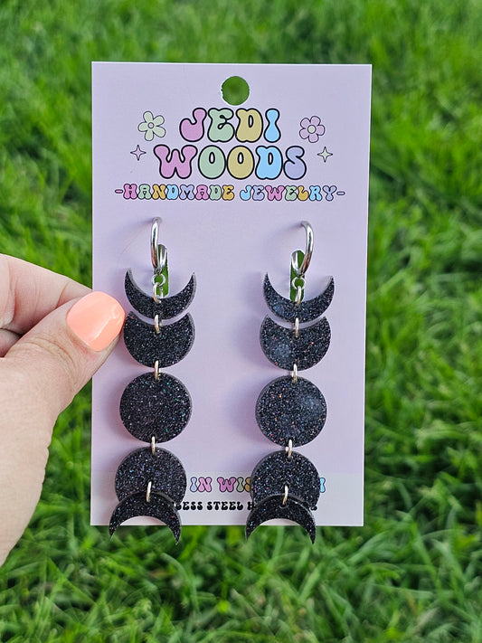Black Glitter Moon Phase Earrings