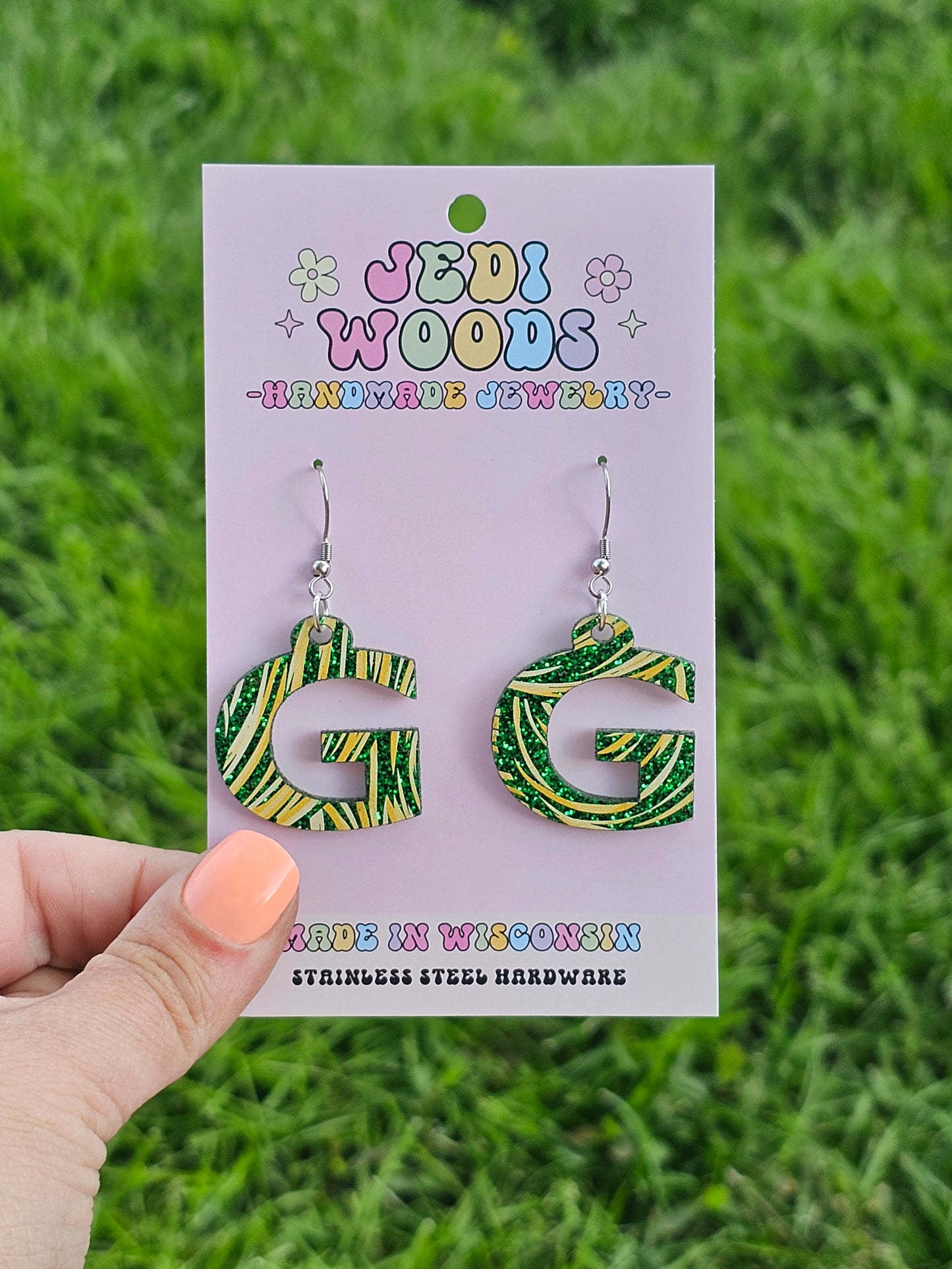 Green and Gold 'G' Earrings