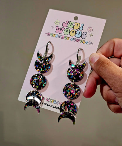 Black Rainbow Flake Moon Phase Earrings