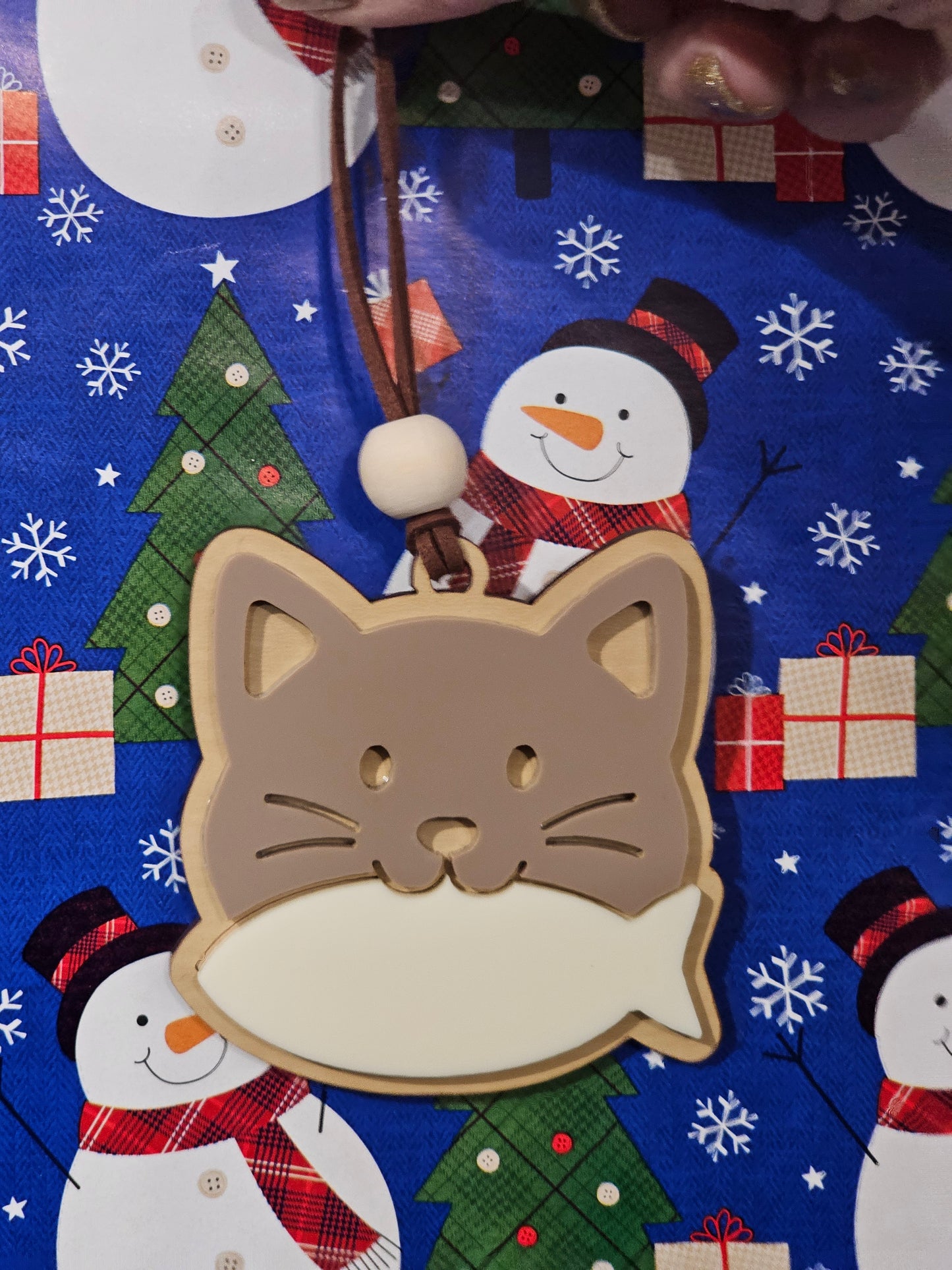 Cat and Bone - Acrylic and Wood Ornament - Add your own name with sharpie!