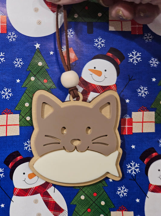 Cat and Bone - Acrylic and Wood Ornament - Add your own name with sharpie!