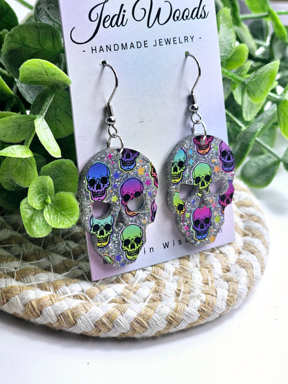 Rainbow Glitter Skull Earrings