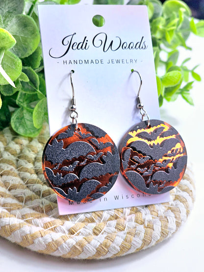 Orange Mirror Bat Medallion Earrings