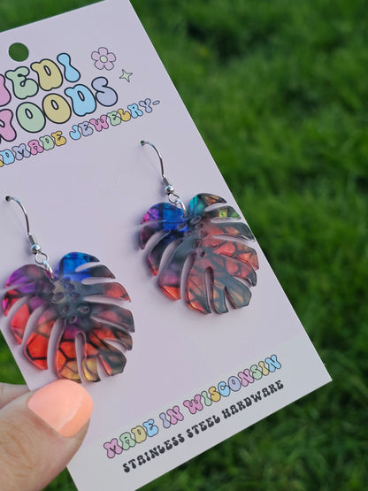 Stained Glass Rainbow Monstera Dangles