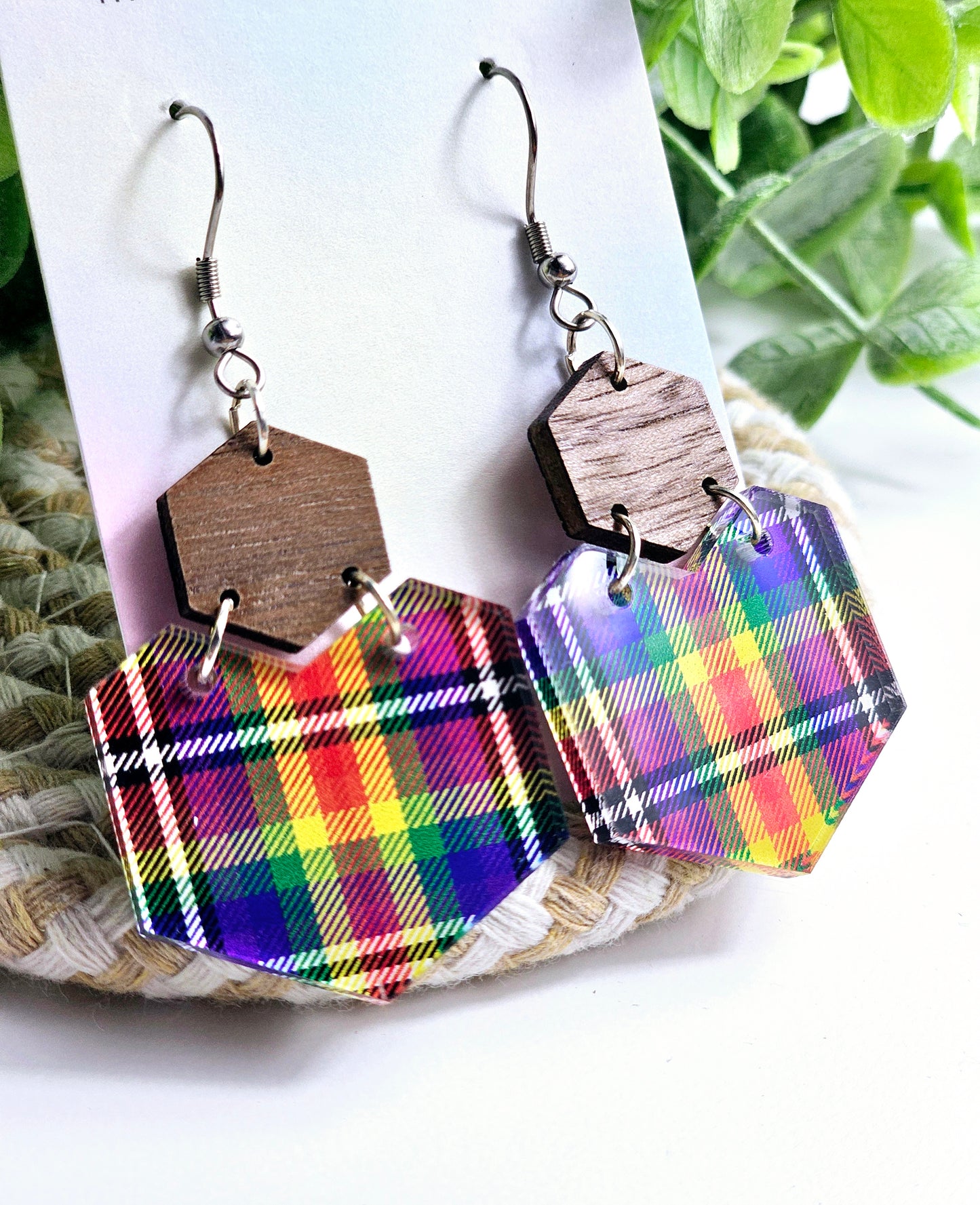 Rainbow Plaid Statement Dangles