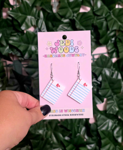 A+ Notebook Paper Earrings