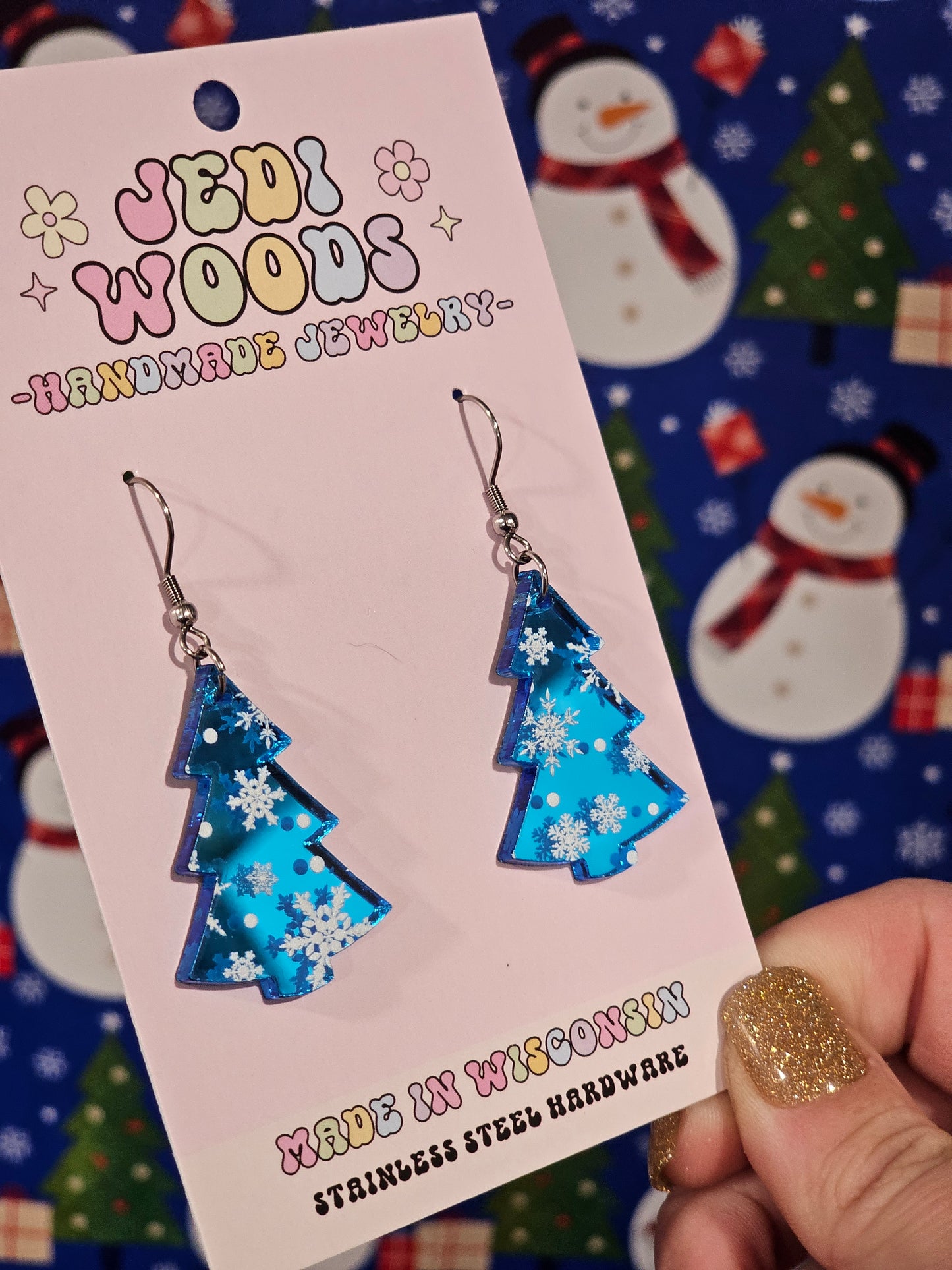Sky Blue Mirror Snowflake Christmas Tree Earrings