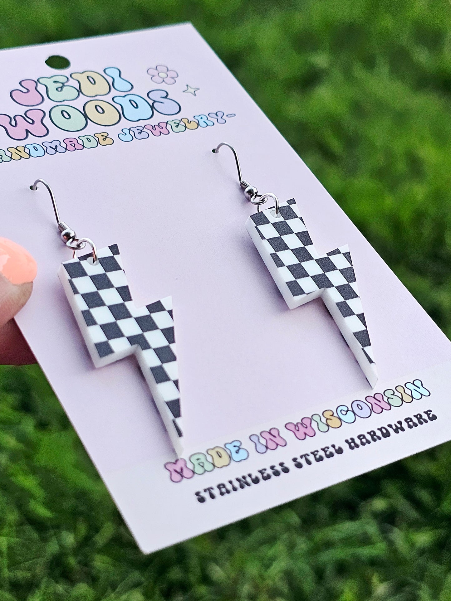 Checkered Flag Lightening Bolt Earring Dangles